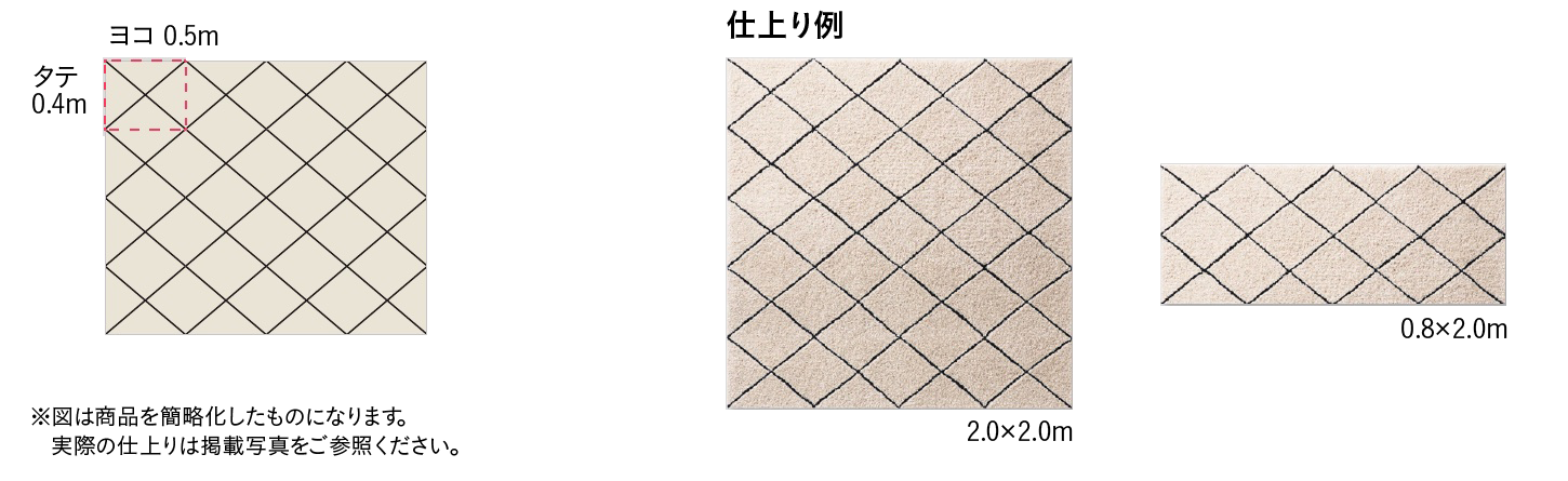 リピート（タテ0.4m・ヨコ0.5m）の図と仕上り例（2.0×2.0m・0.8×2.0m）。※図は商品を簡略化したものになります。実際の仕上りは掲載写真をご参照ください。